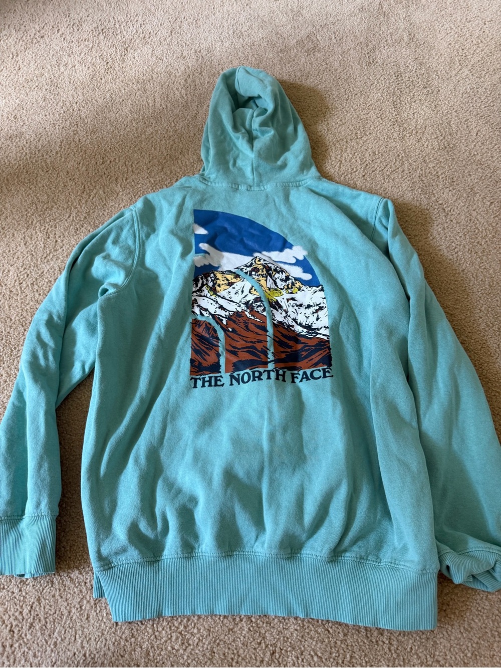 The North Face Men's Aqua Blue Crewneck Hoodie with Mountain Graphic